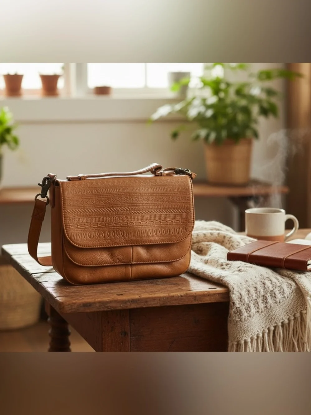 Anthropologie Day & Mood Tooled Tan Leather Crossbody Bag Purse - Picture 2 of 8